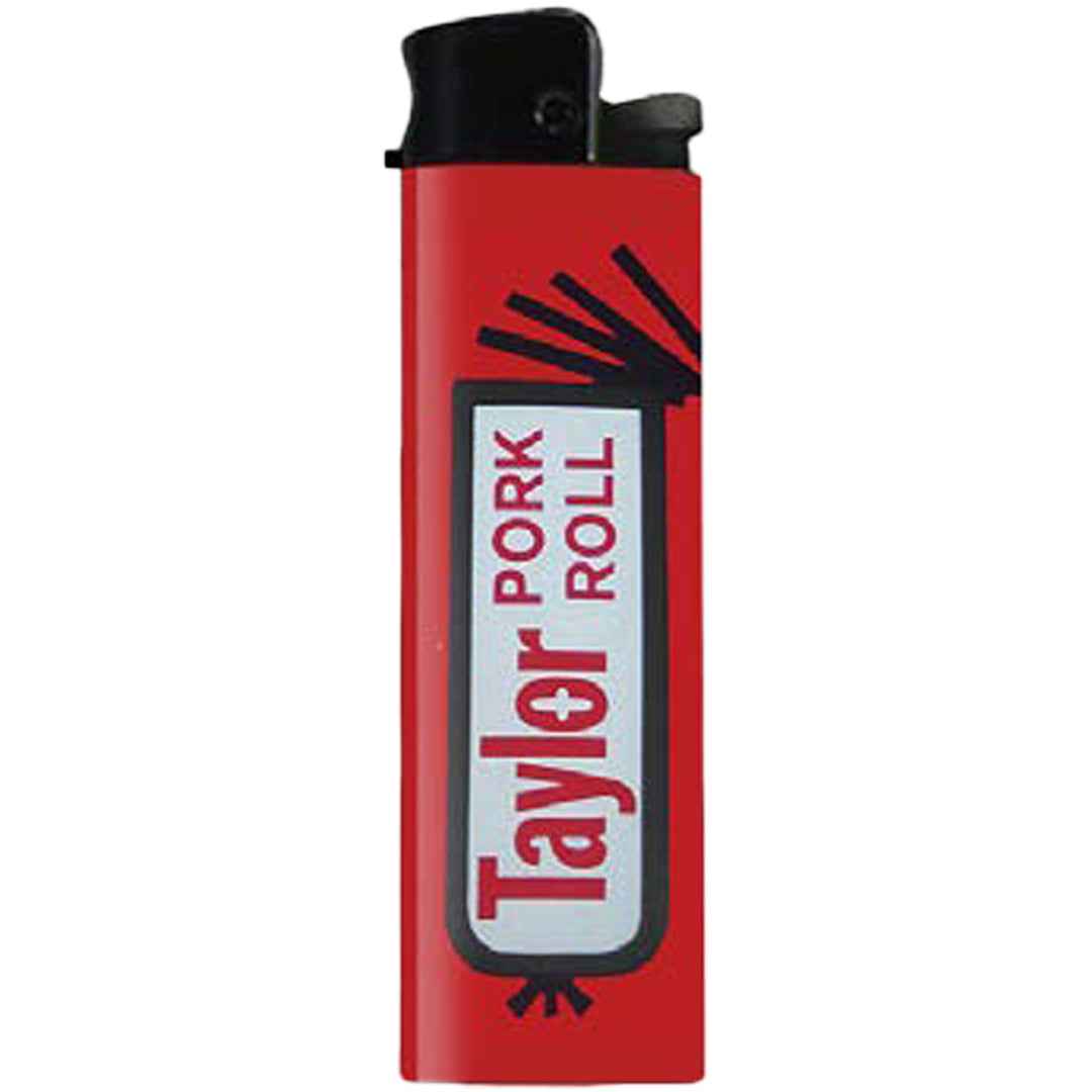 A retro-style lighter featuring iconic Taylor Pork Roll red, white, and black branding.
