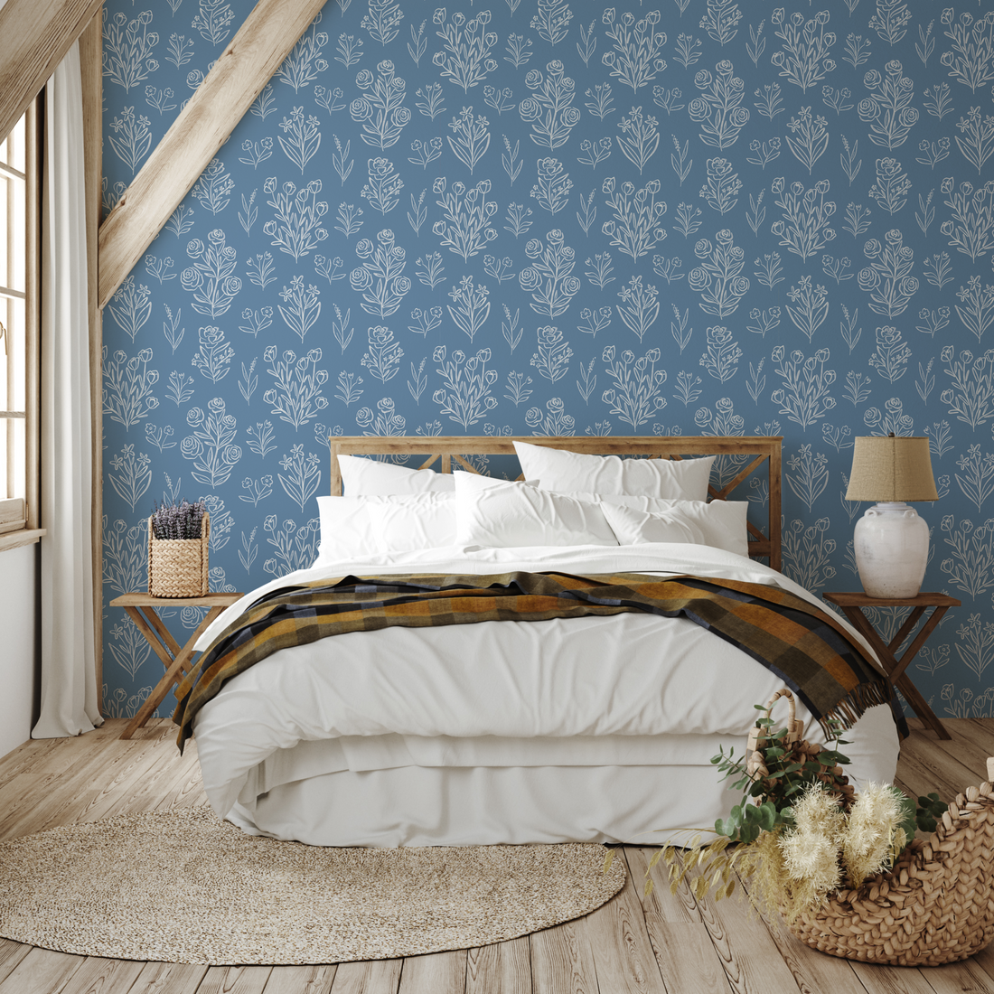 Taylor floral wallpaper in blue, white, peach, and beige, showcasing a bohemian cottagecore aesthetic.