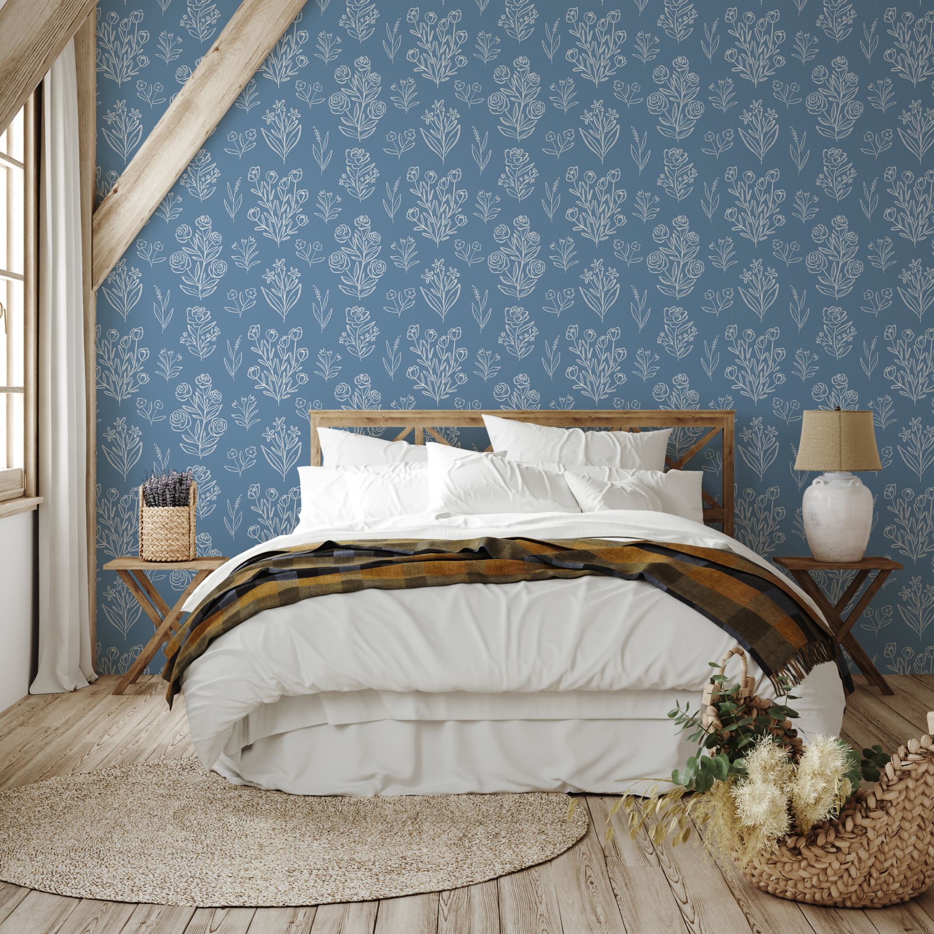 Taylor floral wallpaper in blue, white, peach, and beige, showcasing a bohemian cottagecore aesthetic.
