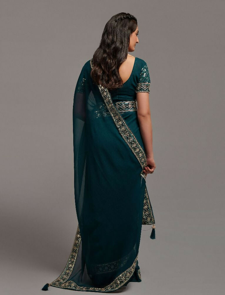 Petrol Blue Zometo Embroidery Lace Saree with Gold Accents