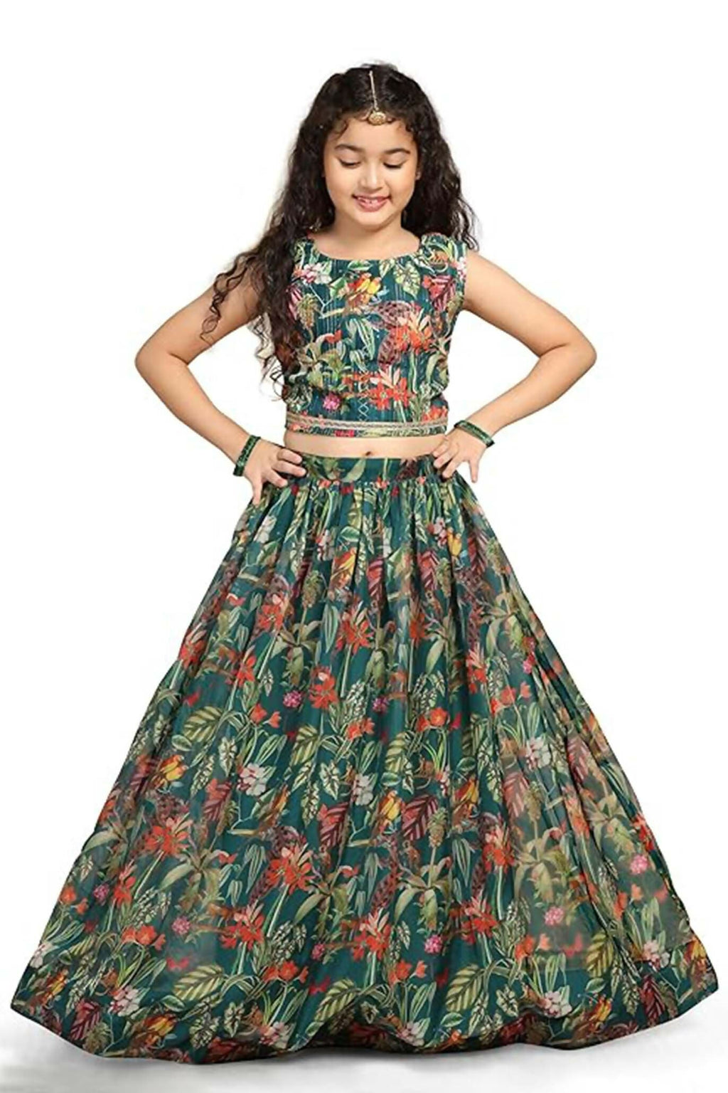 Classic green lehenga choli for girls crafted from soft silk blend