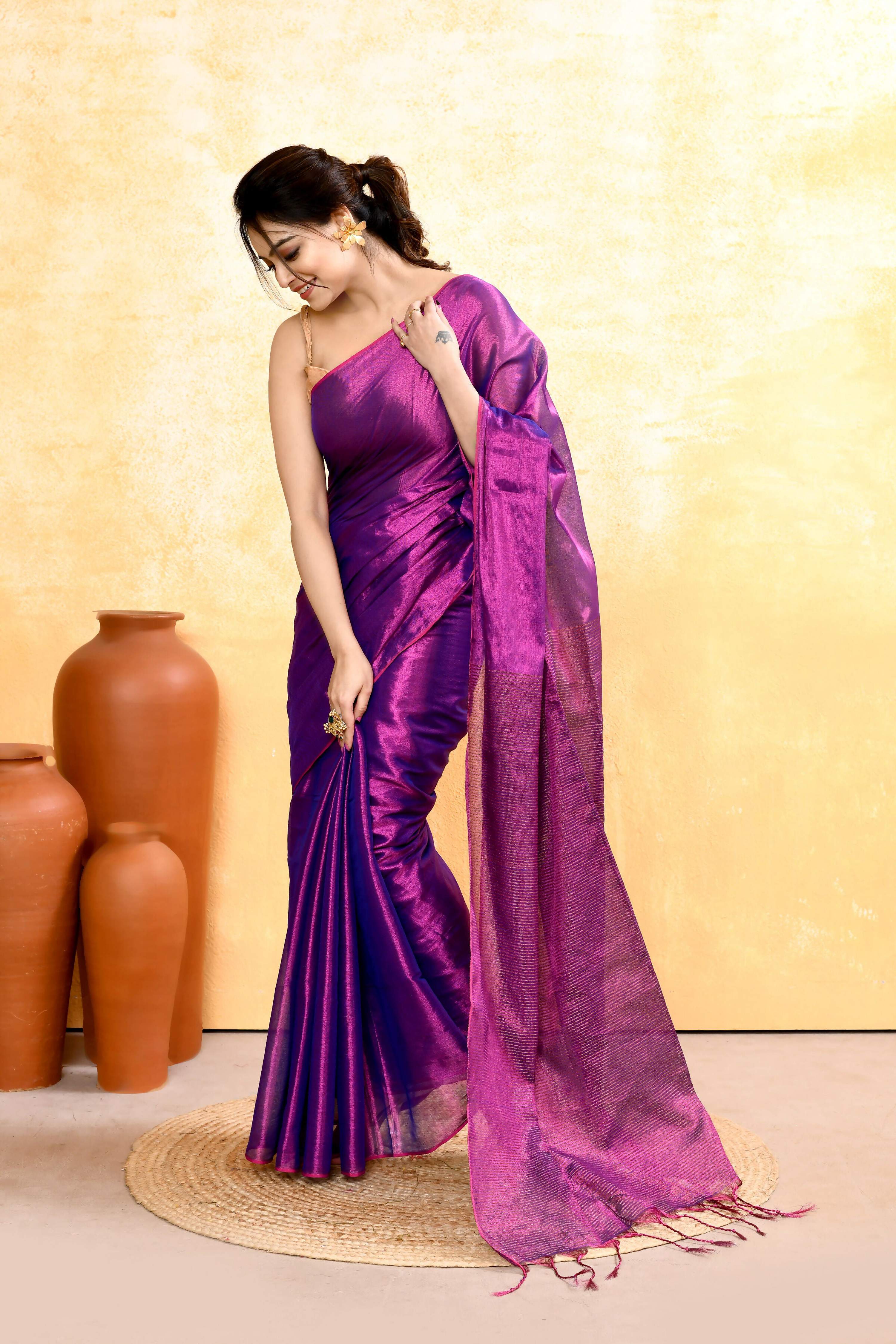 Violet Dual Tone Organic Tissue Saree with Matching Blouse Piece
