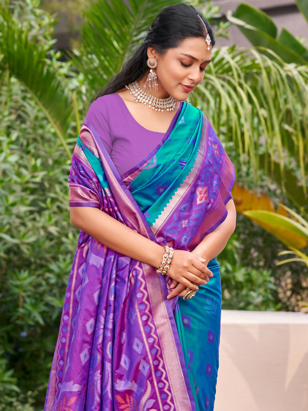 Rama Blue Pochampally Silk Saree with Matching Blouse