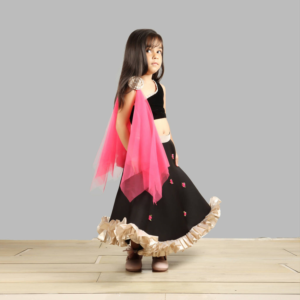 One Shoulder Black Scuba Ghagra Choli with Pink Dupatta