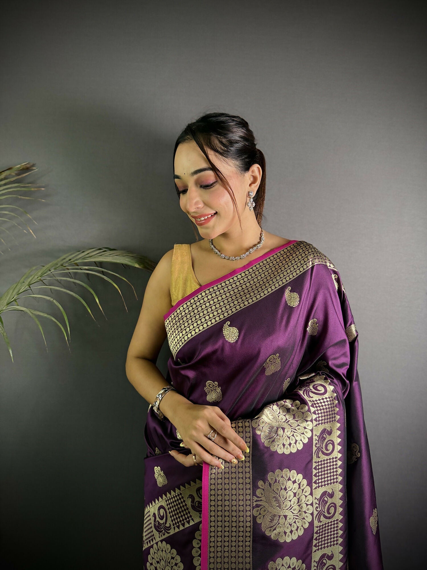 Joban Fashion Wine Banarasi Soft Lichi Silk Paisley Saree