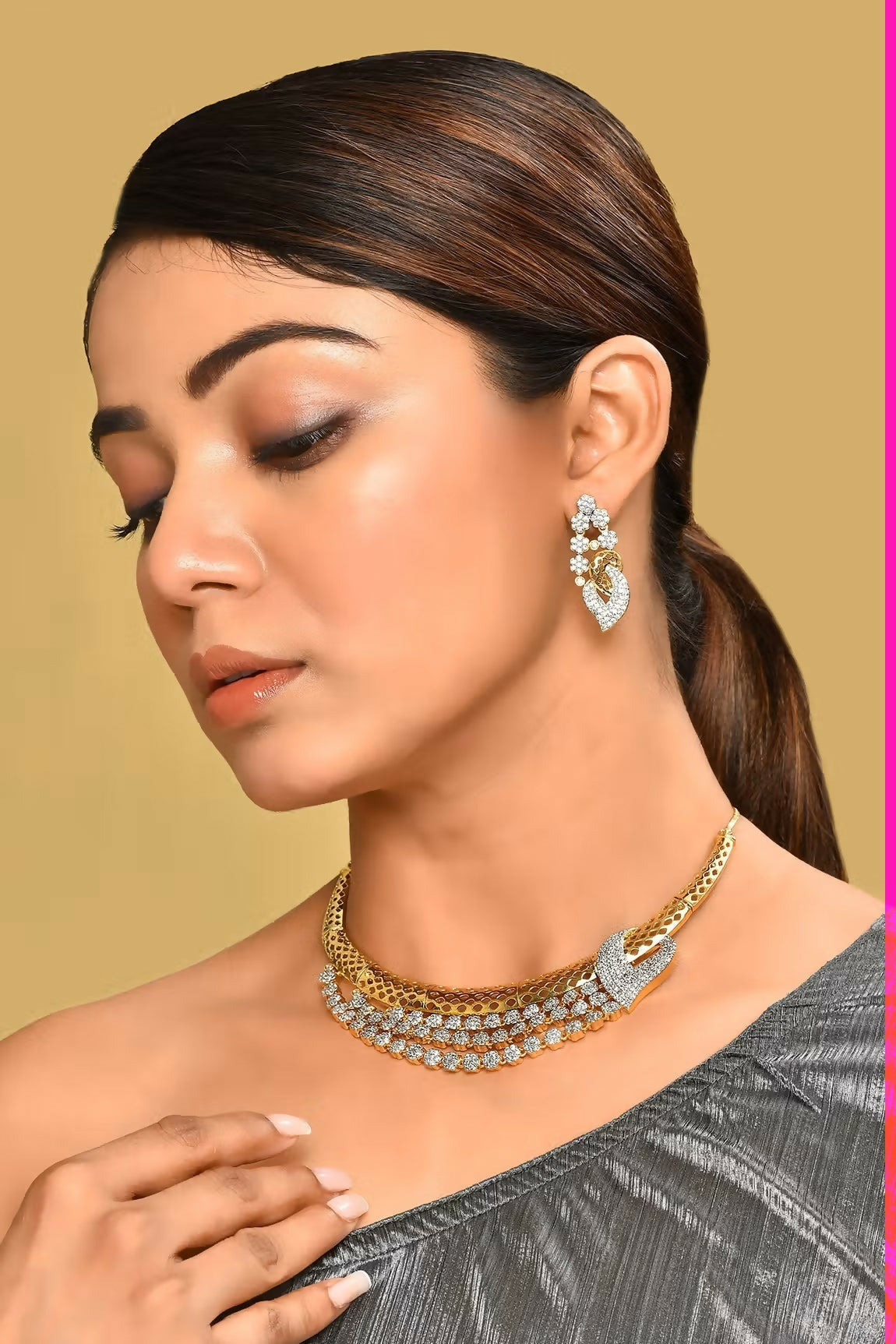 Elegant Golden White AD Necklace Set for women in polished brass