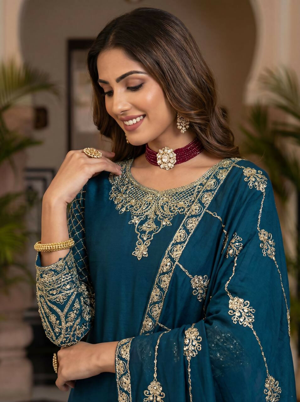 Teal Silk Embroidered Sharara Set - Luxurious Ethnic Ensemble