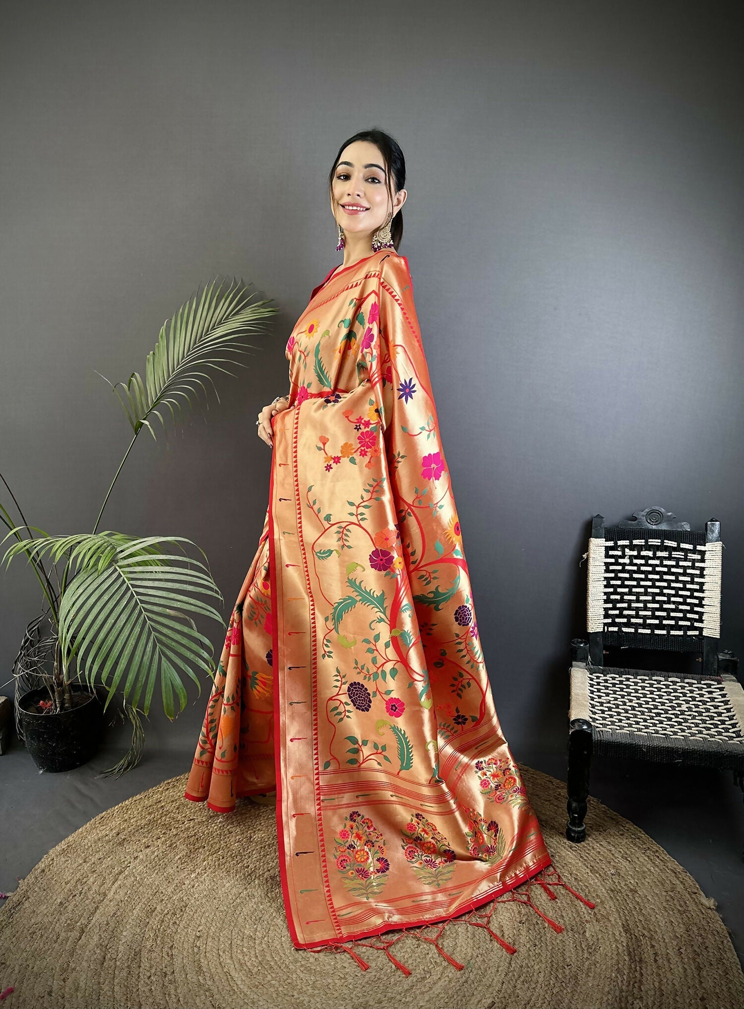 Pastel Red Floral & Bird Motif Soft Silk Paithani Saree