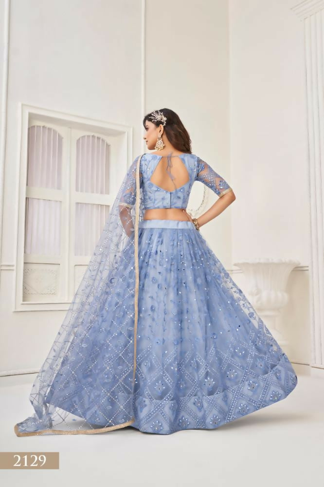 Neon Blue Butterfly Net Lehenga with Mirror Handwork and Sequence