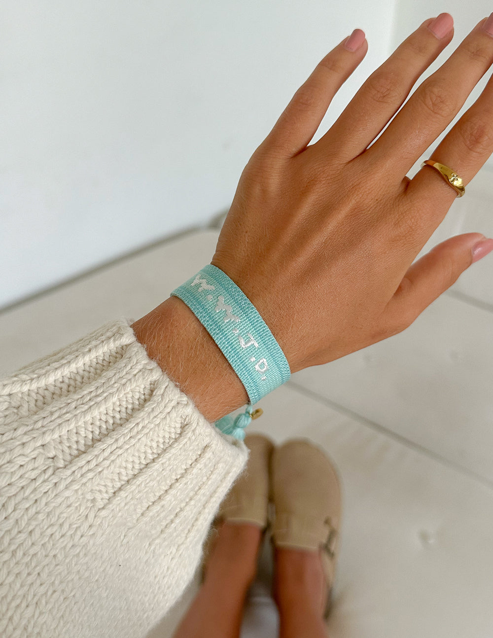 Teal WWJD Embroidered Woven Bracelet