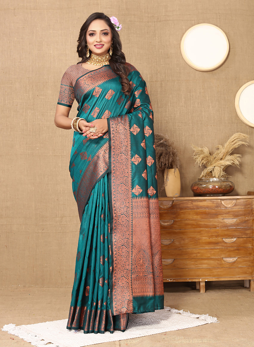 Teal Soft Katan Silk Saree with intricate Copper Zari woven design