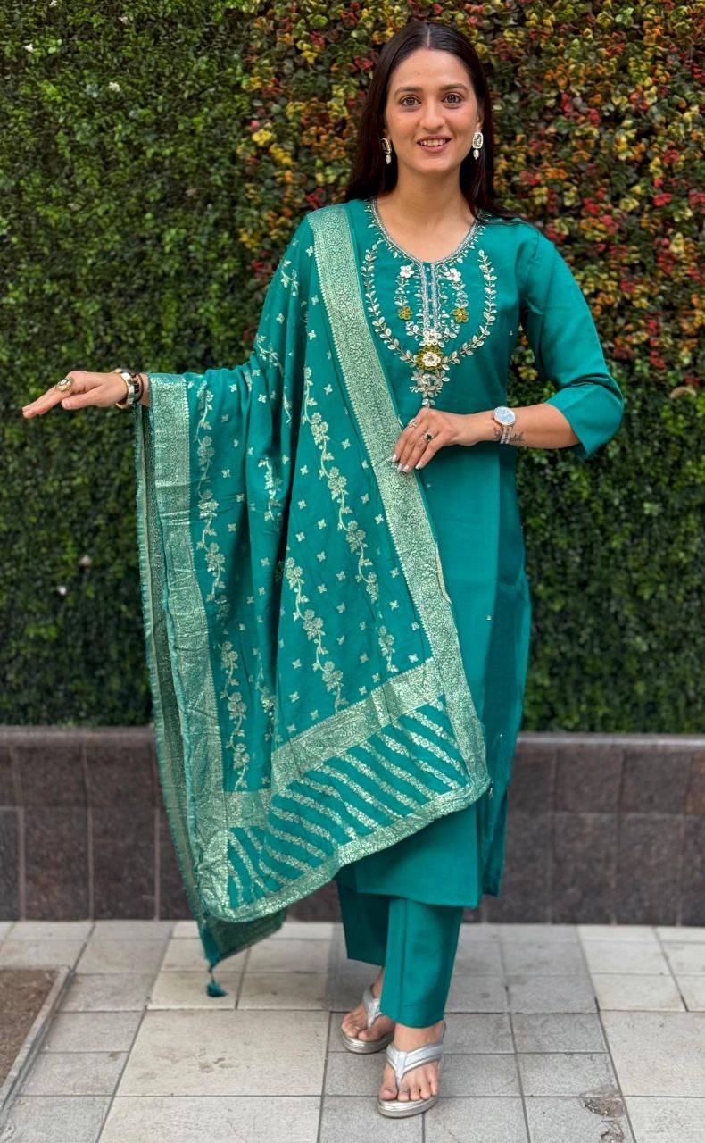 Teal Roman Silk Kurta Pant Set with Hand Work and Dupatta