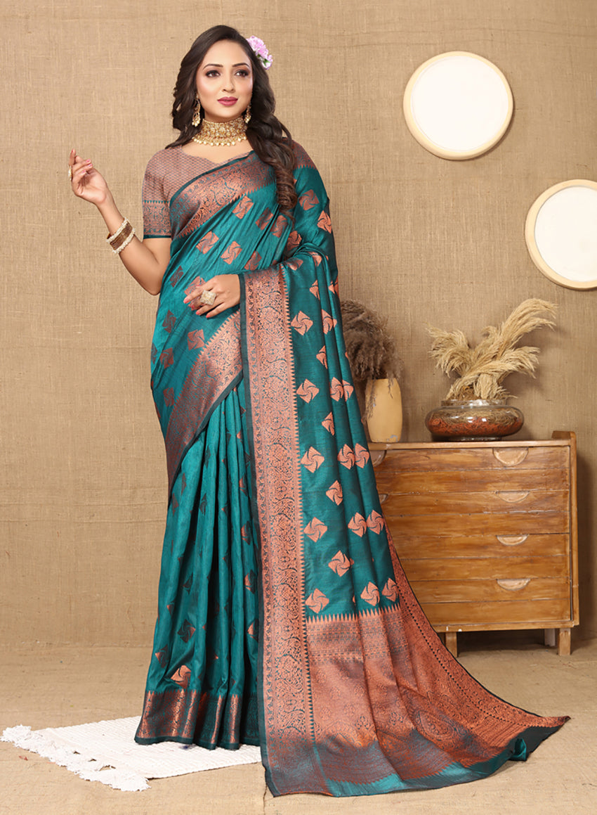 Teal Soft Katan Silk Saree with Copper Zari Woven Design