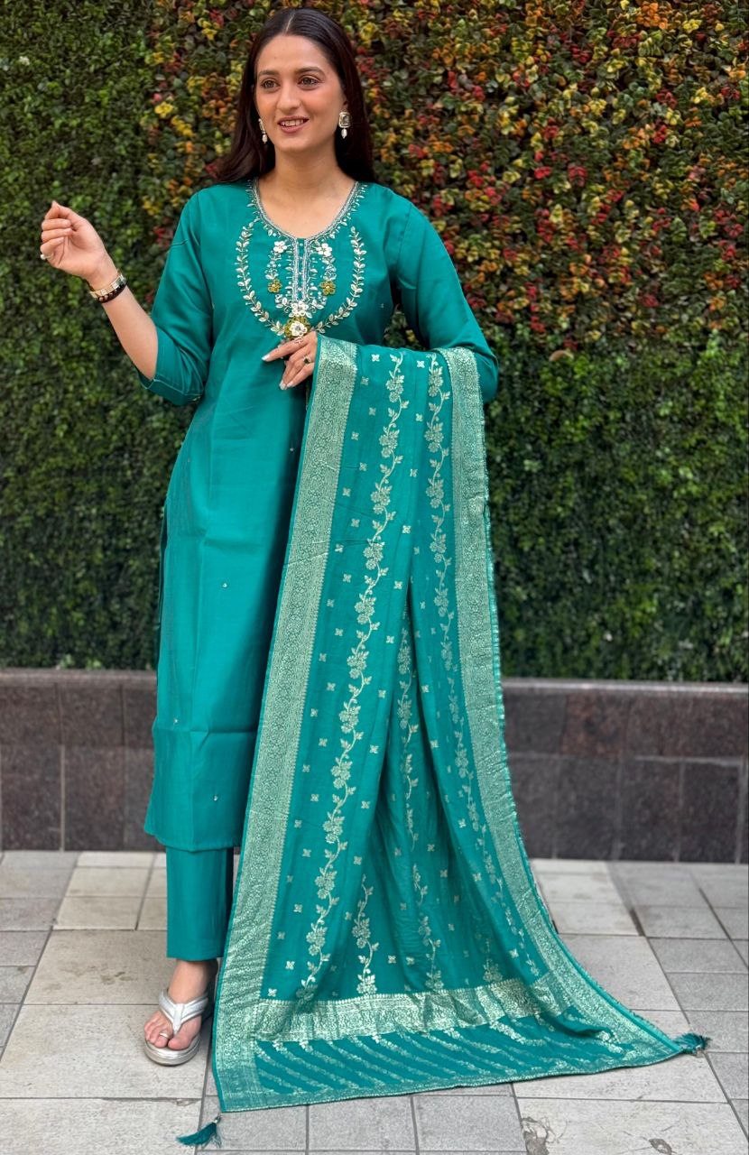 Teal Roman Silk Kurta Pant Set with Hand Work and Dupatta