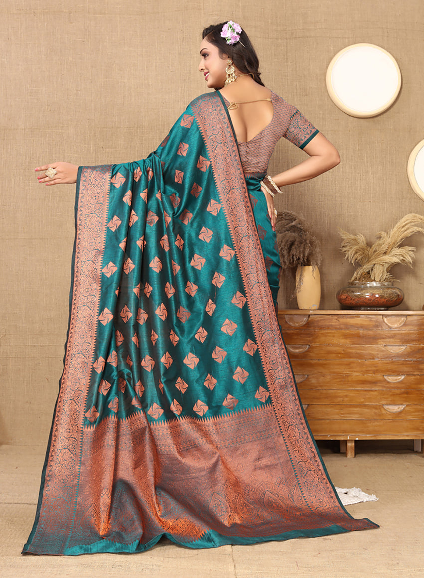 Teal Soft Katan Silk Saree with Copper Zari Woven Design