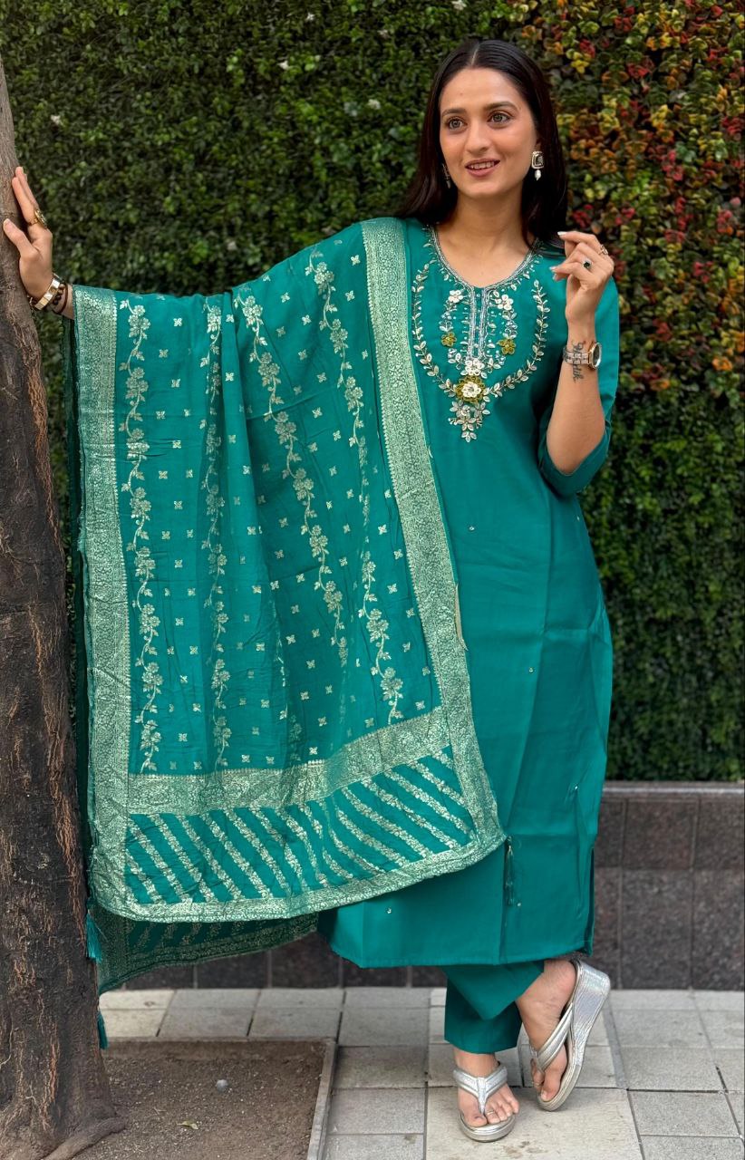 Teal Roman Silk Kurta Pant Set with Hand Work and Dupatta