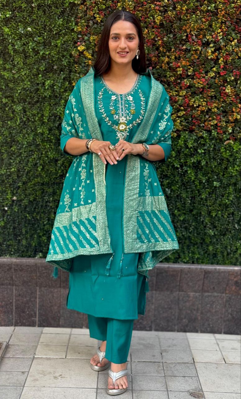 Teal Roman Silk Kurta Pant Set with Hand Work and Dupatta