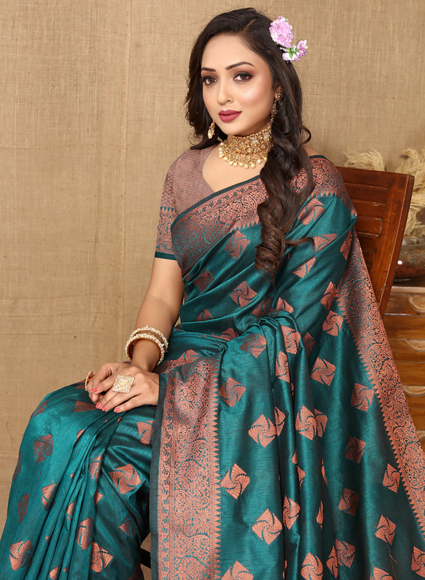 Teal Soft Katan Silk Saree with Copper Zari Woven Design