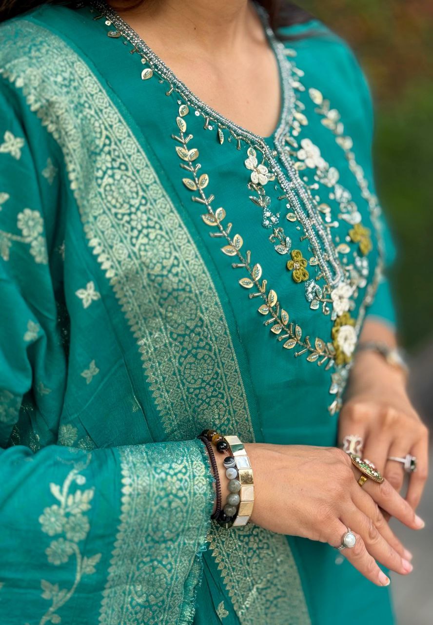 Teal Roman Silk Kurta Pant Set with Hand Work and Dupatta