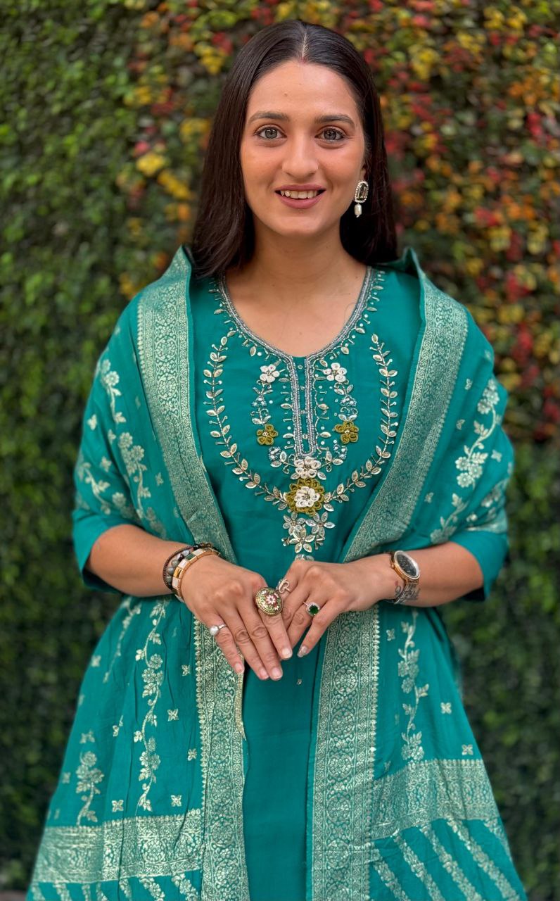 Teal Roman Silk Kurta Pant Set with Hand Work and Dupatta