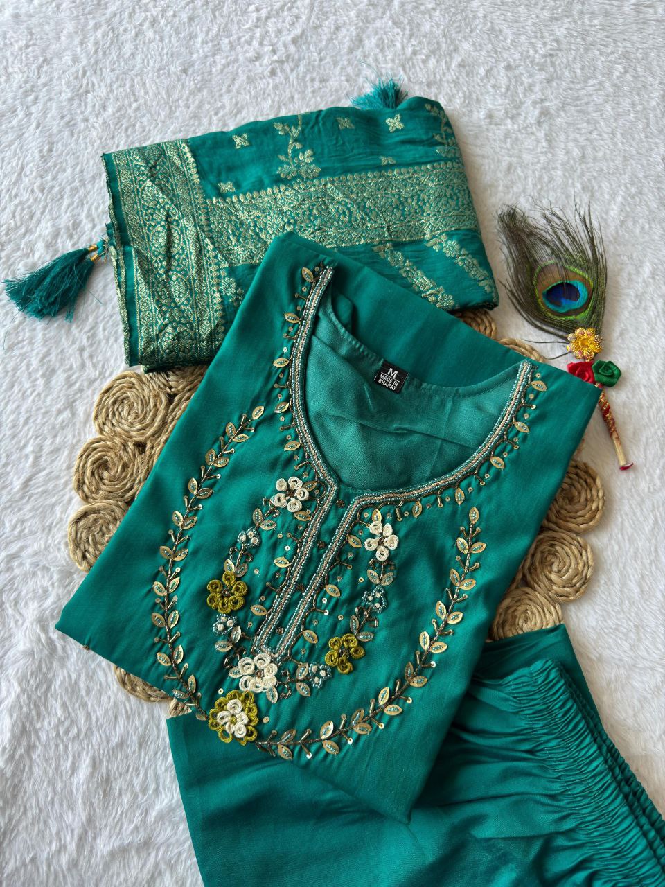 Teal Roman Silk Kurta Pant Set with Hand Work and Dupatta