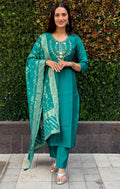 Teal Roman Silk kurta set with hand-work, matching pants, and dupatta