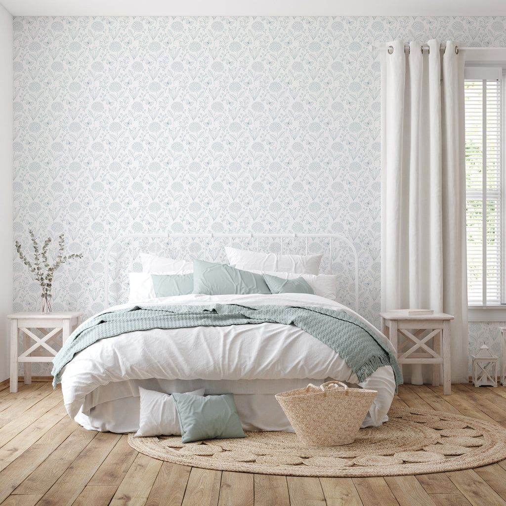Adalyn Botanical Peel and Stick Wallpaper in White, Taupe, and Grey-Blue