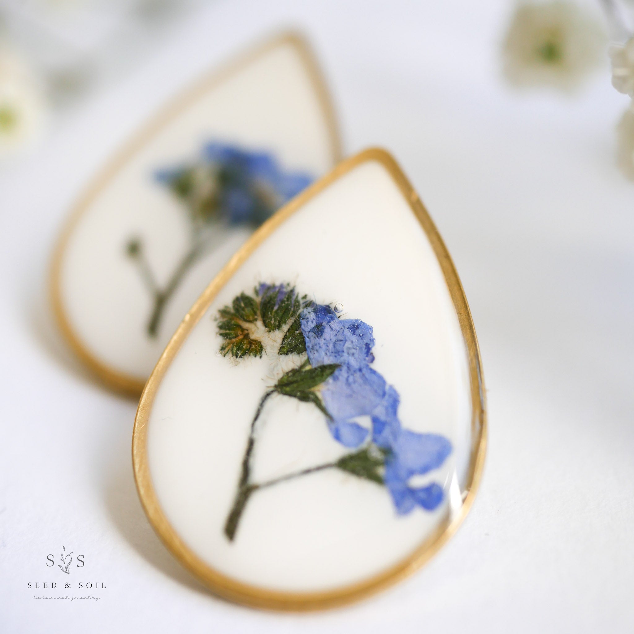 Large Teardrop Stud Earrings with Preserved Flowers
