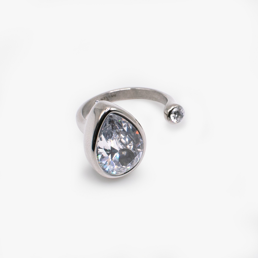 Teardrop Crystal Ring in Polished Silver Tone Minimalist Jewelry