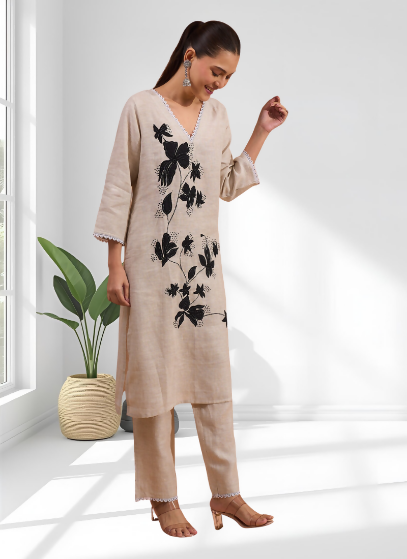 Beige Linen Embroidered Long Kurta with Matching Pant Set