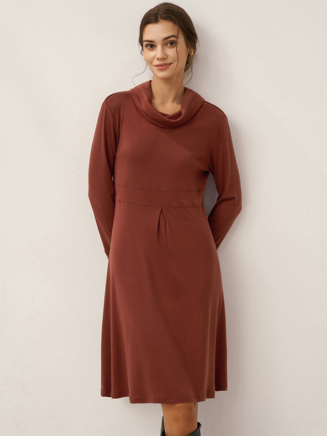 Lyocell Wool Draped Neck Stretch Midi Dress KIRA