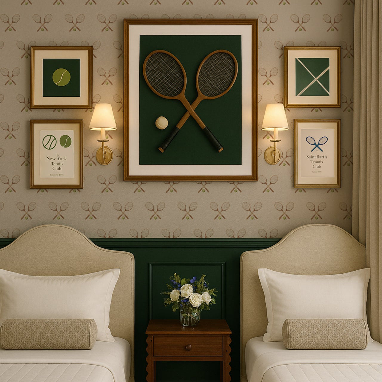 Close up of Deuce Wallpaper featuring muted sage green, dusty rose, and tan vintage-inspired geometric patterns.