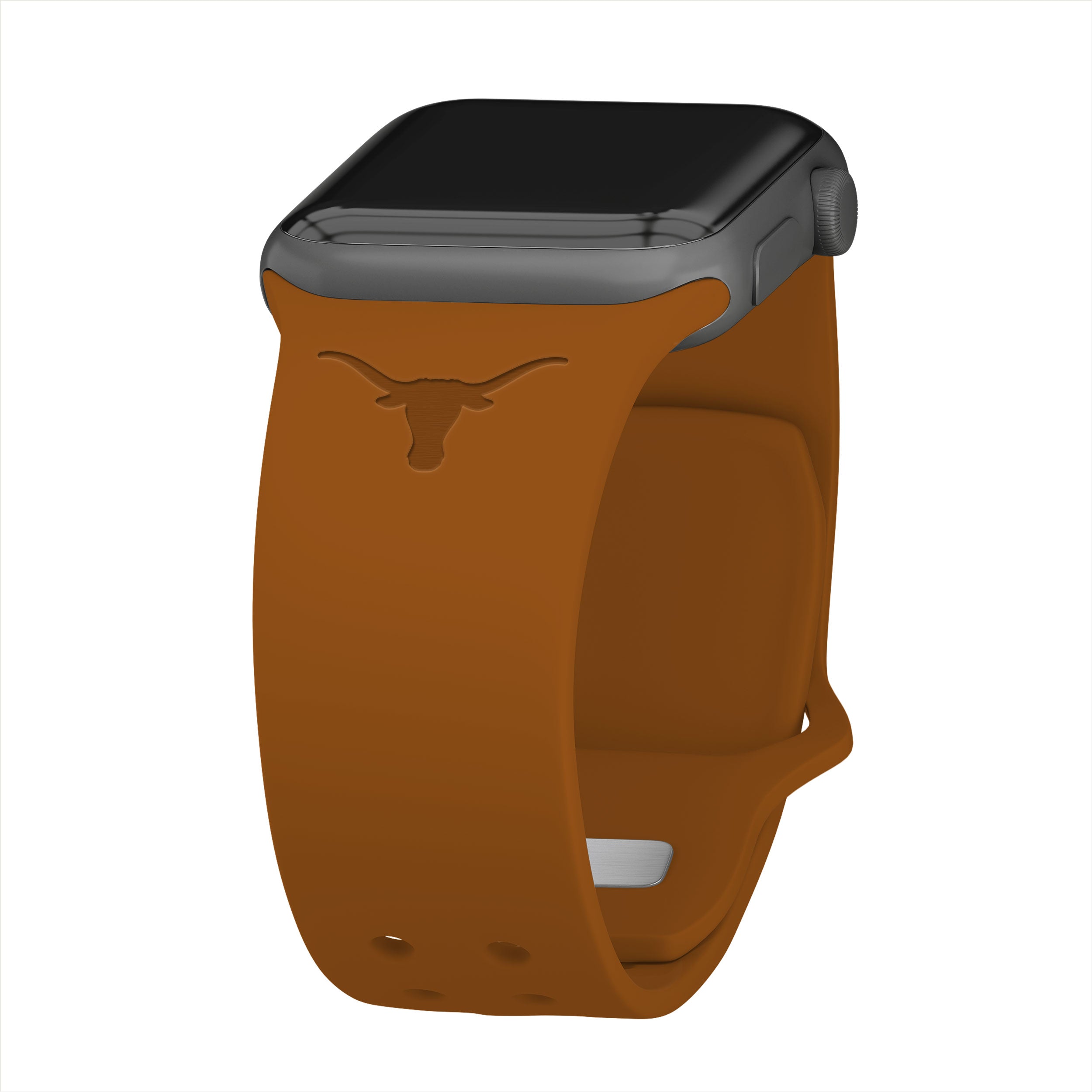 Texas Longhorns logo engraved on a black silicone Apple watch band