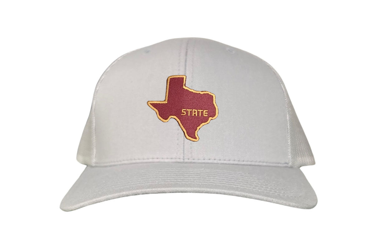 Texas State Bobcats baseball cap in maroon with a gold embroidered Texas state outline