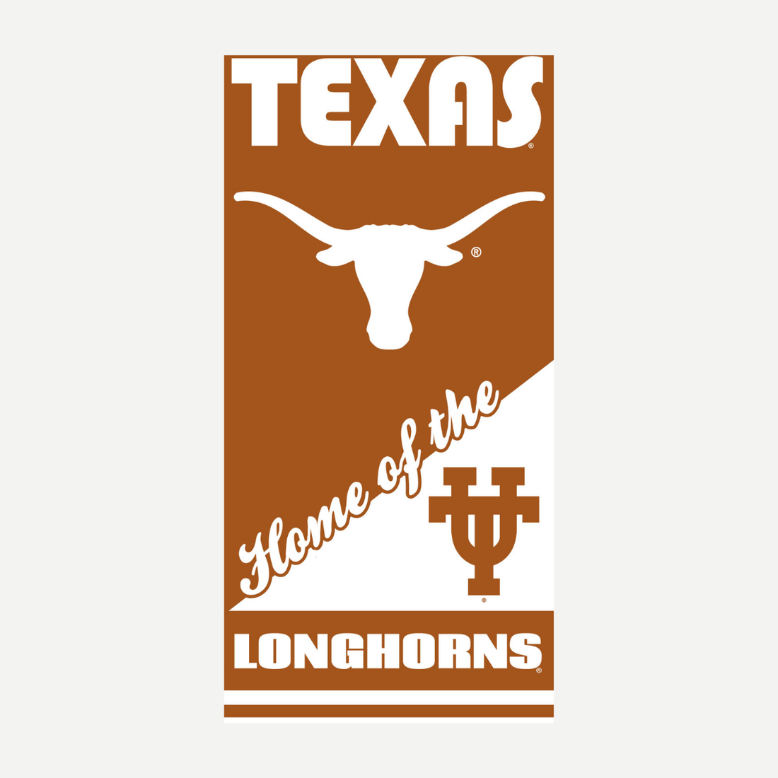 Texas Longhorns themed beach towel in burnt orange and white with team logo and Home of the Longhorns text.