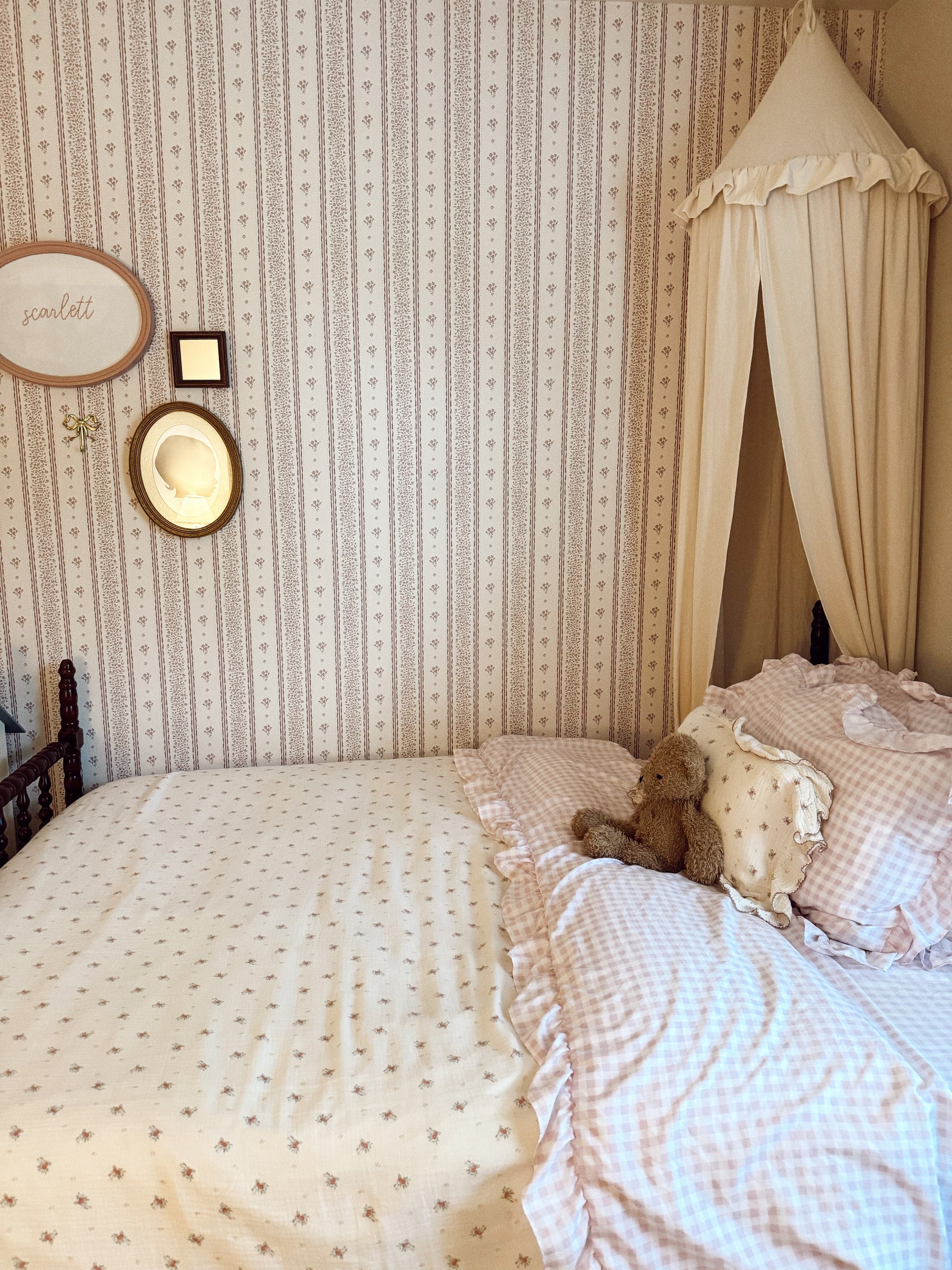 Lyla Striped Wallpaper in Burgundy, Blue, and Cream