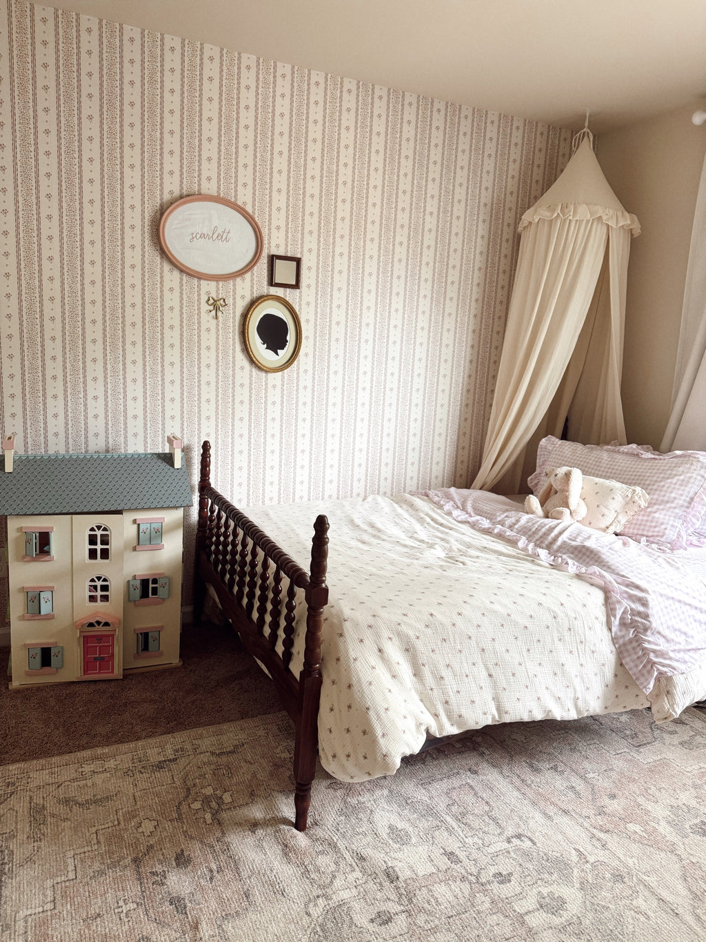 Lyla Striped Wallpaper in Burgundy, Blue, and Cream