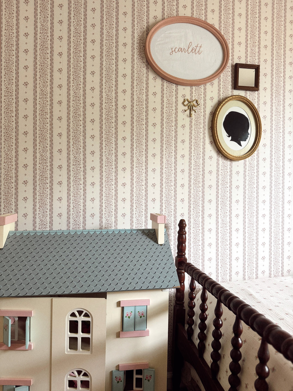 Lyla Striped Wallpaper in Burgundy, Blue, and Cream