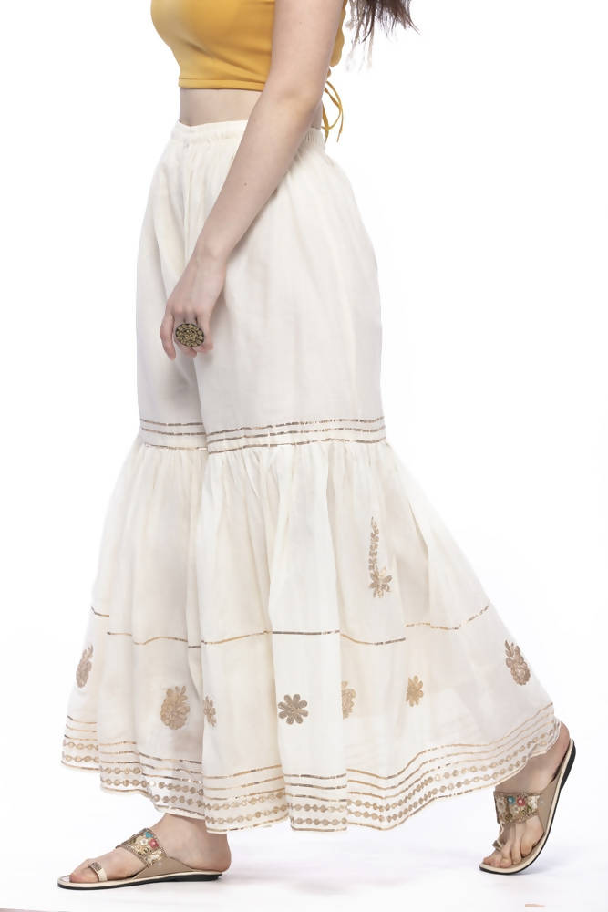 Off White Cotton Sharara Pants with Elegant Gota Work Detail