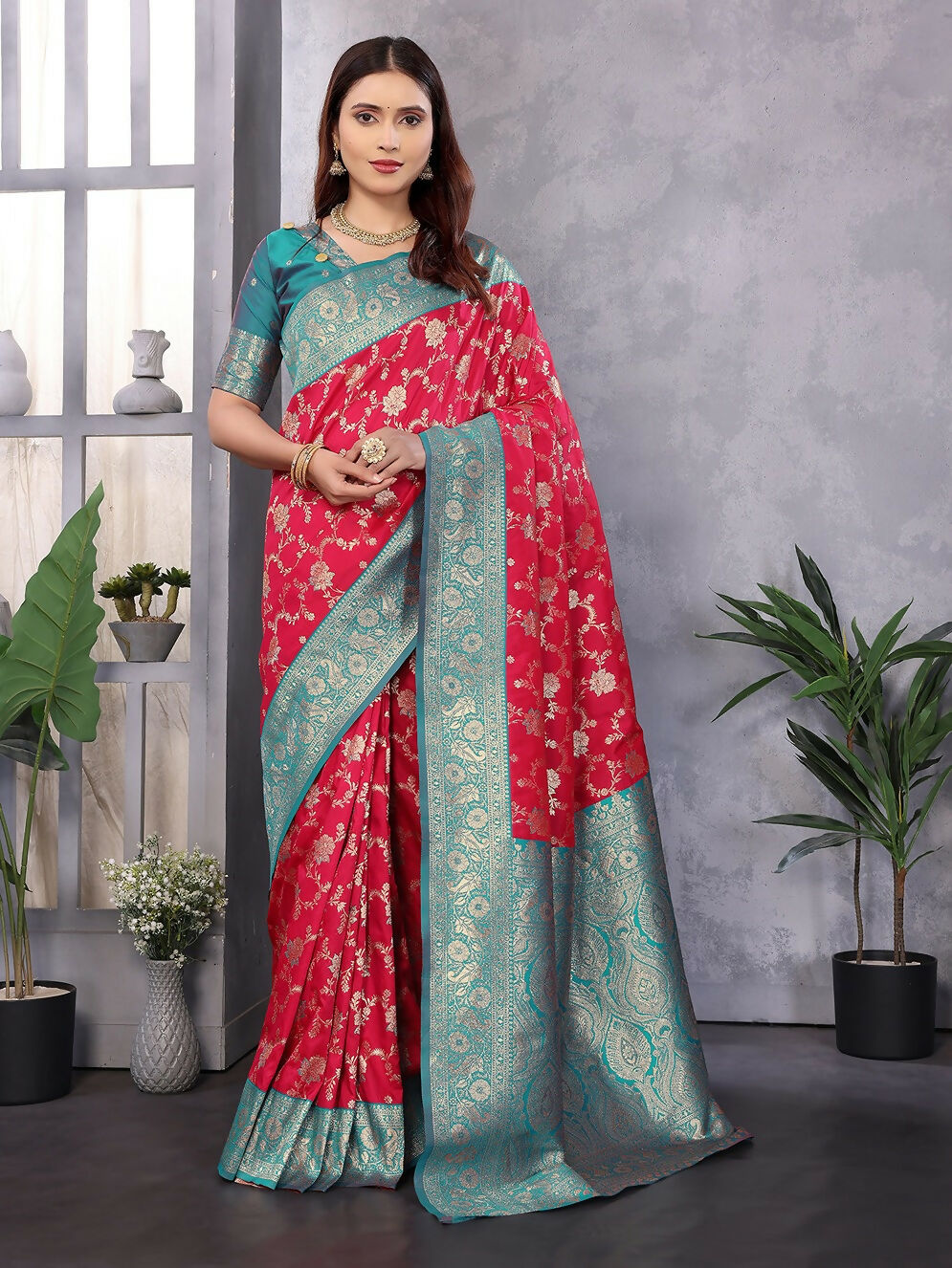 Elegant red Banarasi woven soft silk saree with matching blouse
