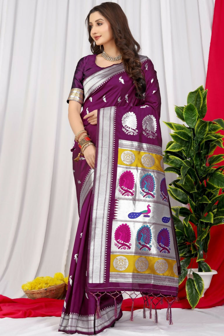 Elegant Wine colored Paithani Silk saree with traditional Zari work