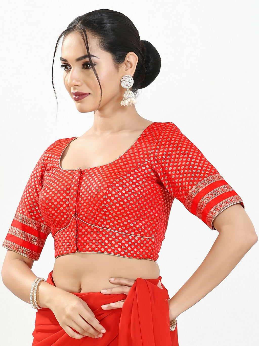Joban Fashion Red Brocade Padded Blouse With Round Neck Elbow Sleeves