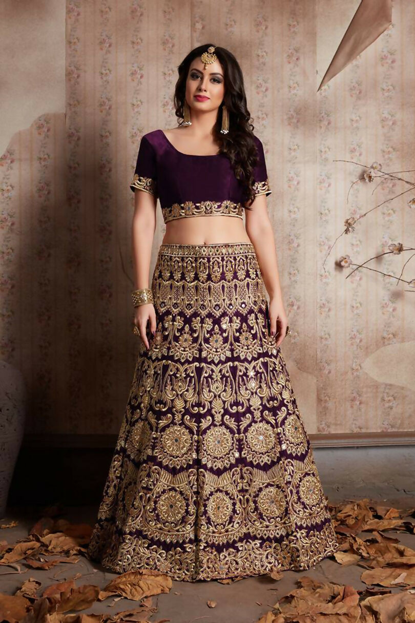 Wine Sequins Embroidered Velvet Lehenga Choli with Mirror Work