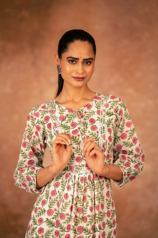 Red Floral Hand Block Printed Cotton Kurta Pant Set