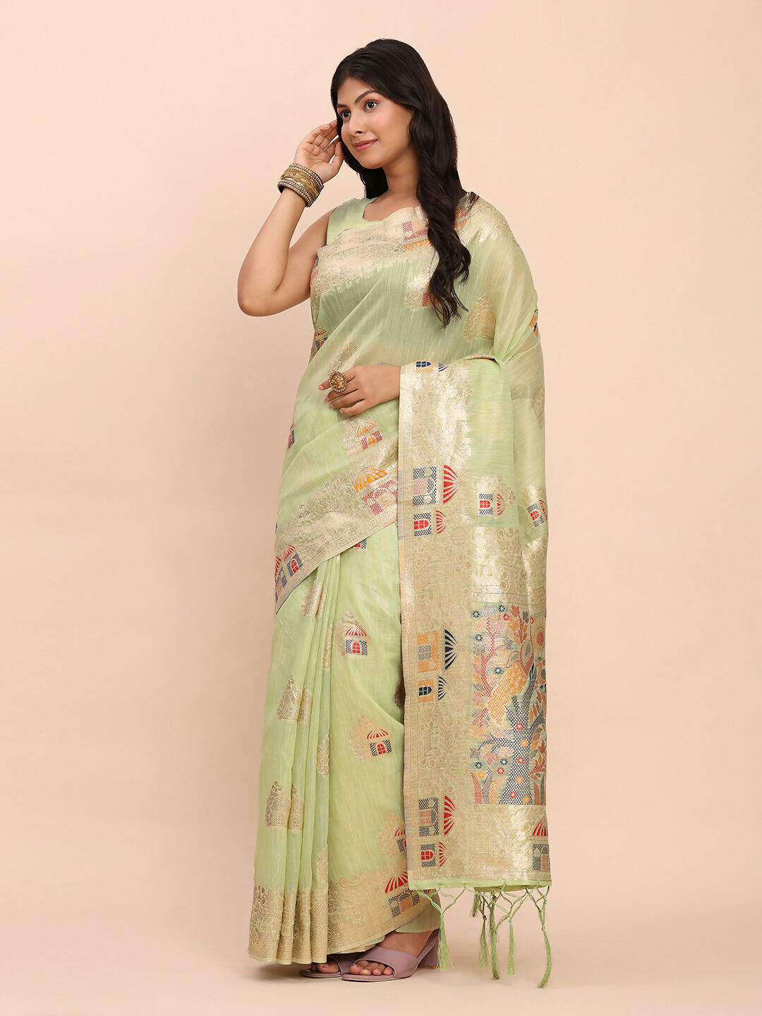 Light Green Linen Cotton Saree with Matching Blouse Piece