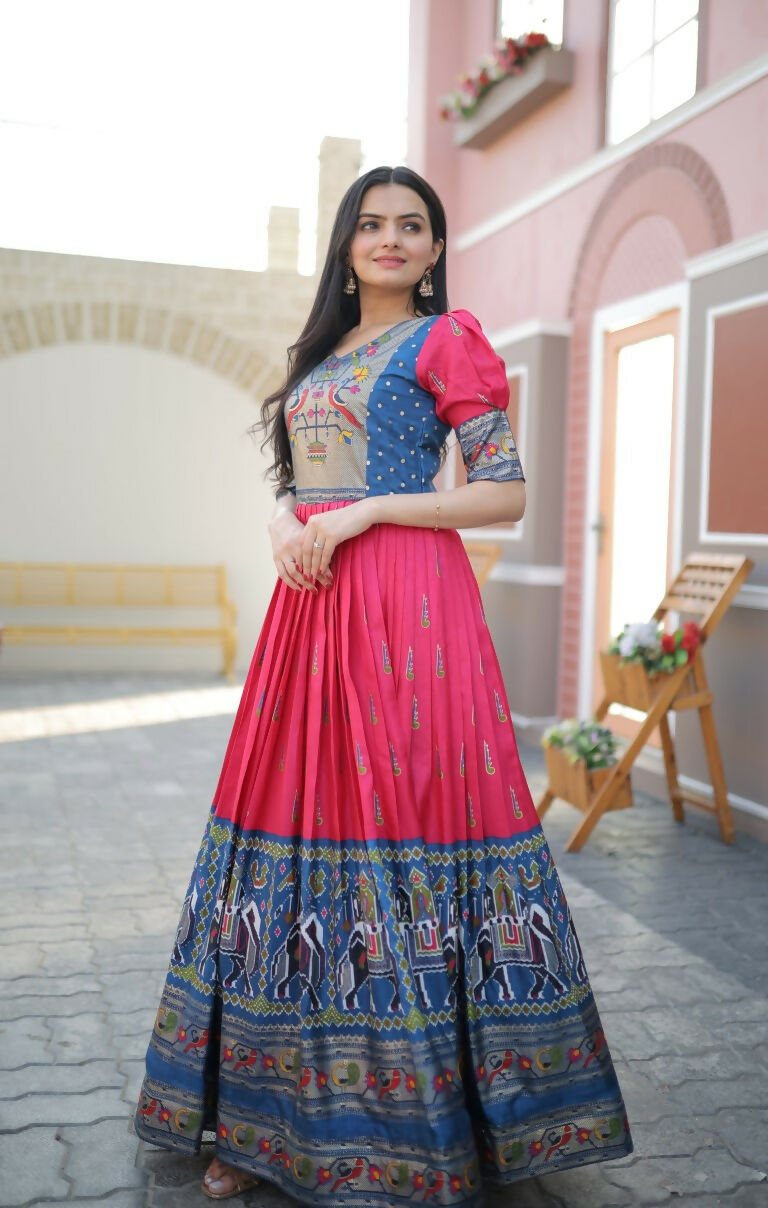 Rani Pink Patola Foil Print Dola Silk Anarkali Floor Length Dress
