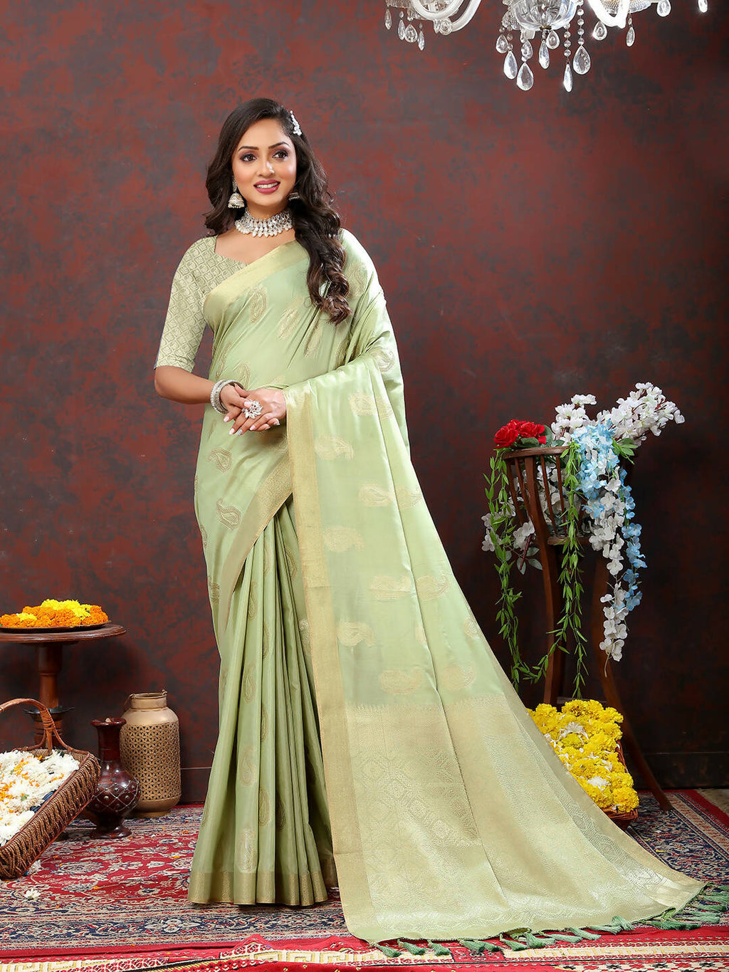 Seagreen Cotton Saree with Geometric Zari Weaving Design