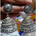 Oxidized silver-tone brass Jhumki earrings with traditional detailing