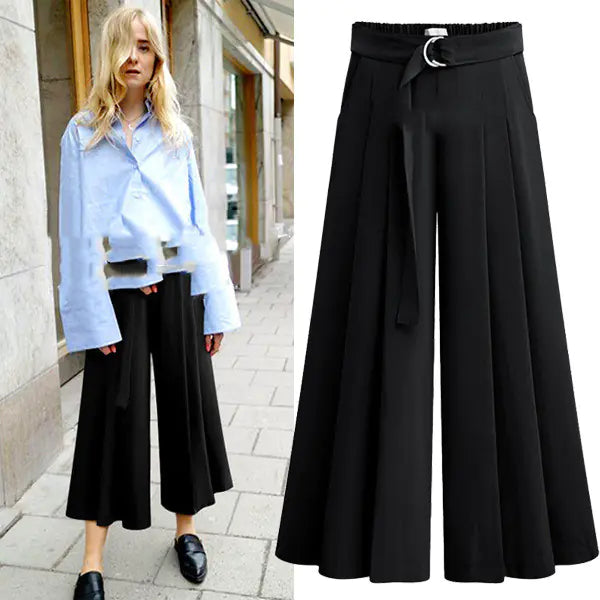 Women's Pleated Wide Leg Cropped Pants with Waist Tie - Image 6