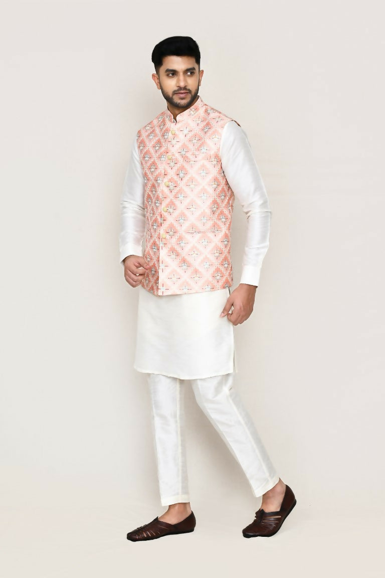 White art silk kurta set with matching jacket and straight-fit trousers for men